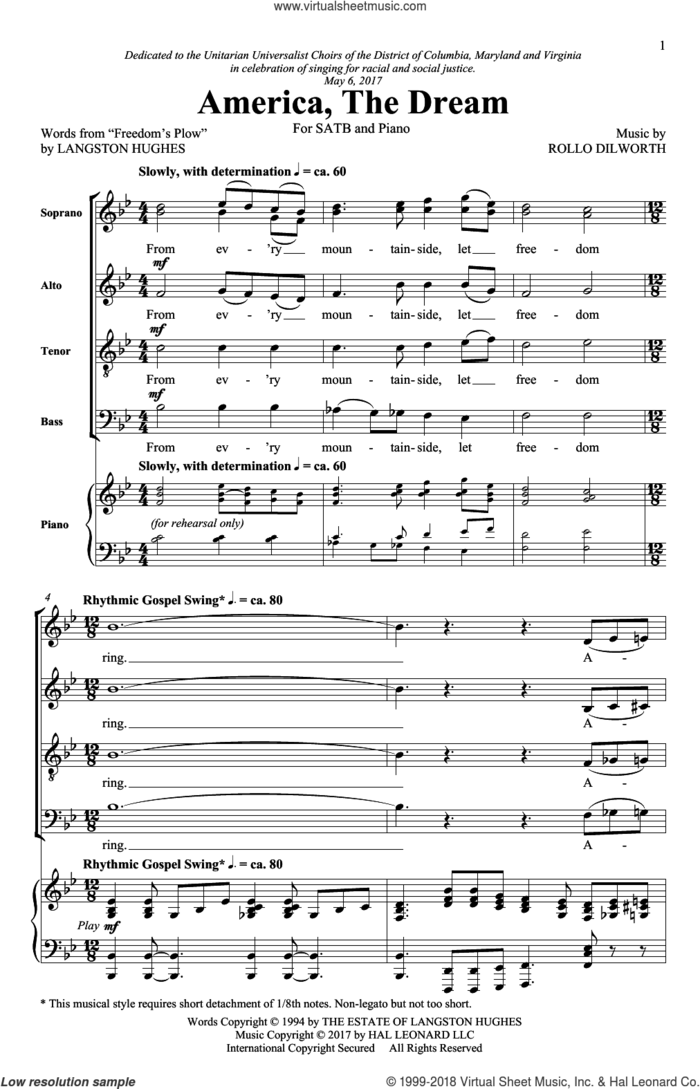 America, The Dream sheet music for choir (SATB: soprano, alto, tenor, bass) by Rollo Dilworth and Langston Hughes, intermediate skill level