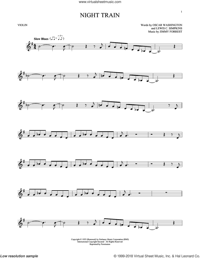Night Train sheet music for violin solo by Jimmy Forrest, Buddy Morrlow, Lewis C. Simpkins and Oscar Washington, intermediate skill level