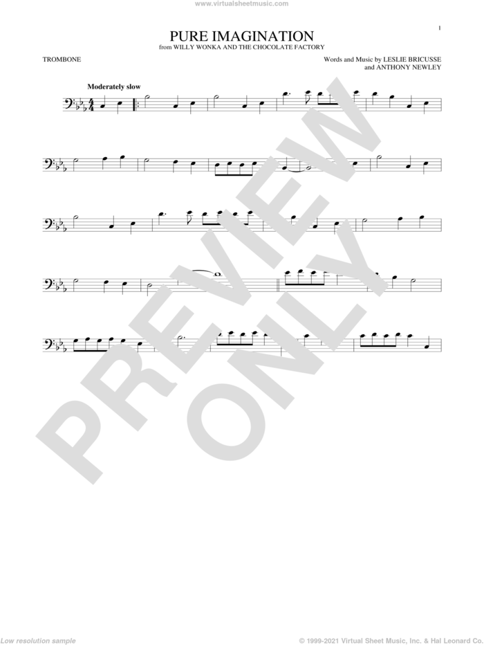 Pure Imagination sheet music for trombone solo by Leslie Bricusse and Anthony Newley, intermediate skill level