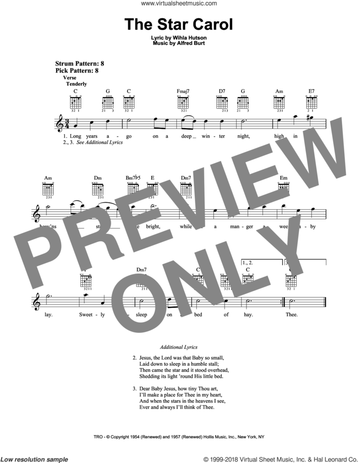 The Star Carol sheet music for guitar solo (chords) by Alfred Burt and Wihla Hutson, easy guitar (chords)