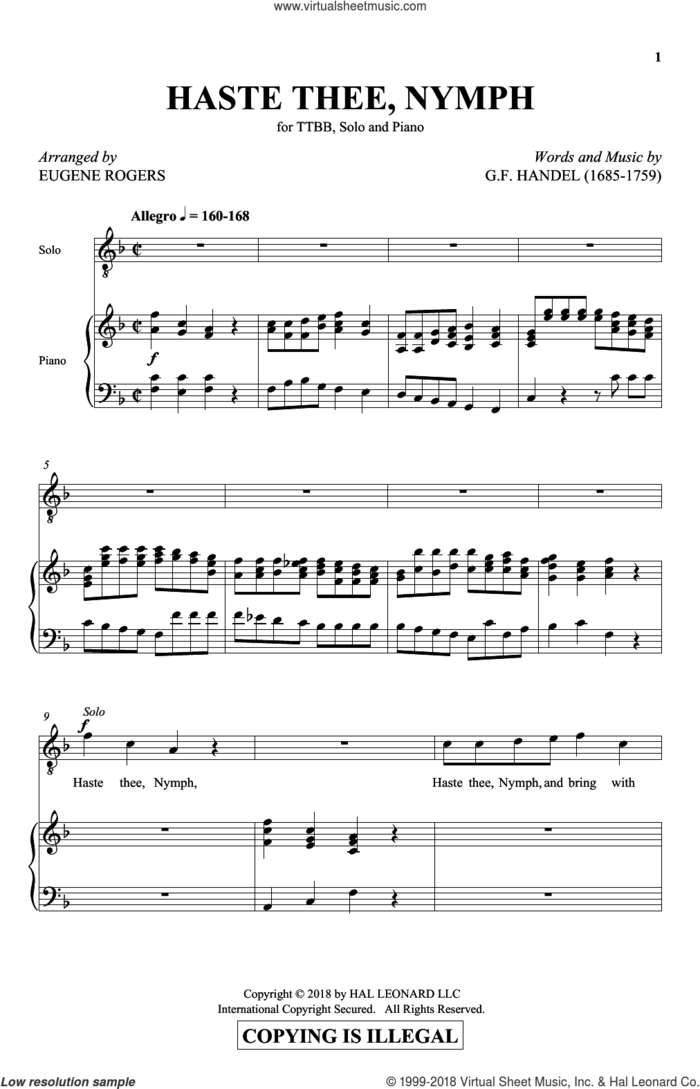 Haste Thee, Nymph sheet music for choir (TTBB: tenor, bass) by George Frideric Handel and Eugene Rogers, classical score, intermediate skill level