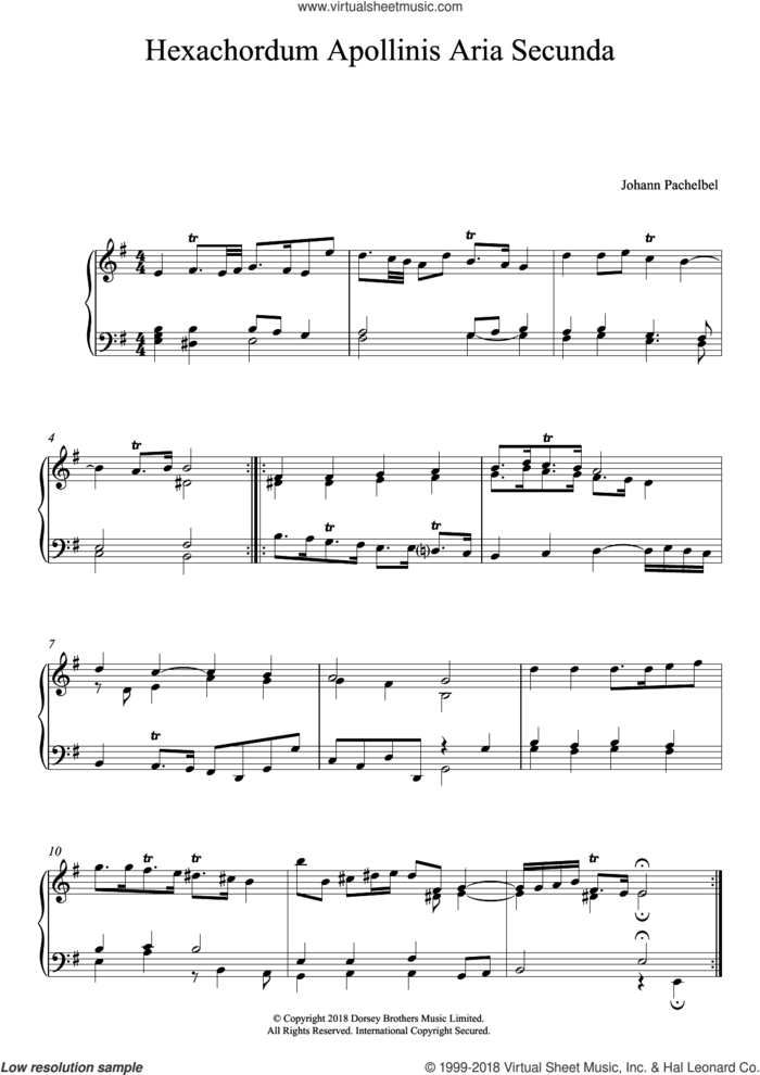 Hexachordum Apollinis: Aria Secunda sheet music for piano solo by Johann Pachelbel, classical score, intermediate skill level
