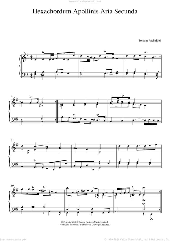 Hexachordum Apollinis: Aria Secunda sheet music for piano solo by Johann Pachelbel, classical score, intermediate skill level