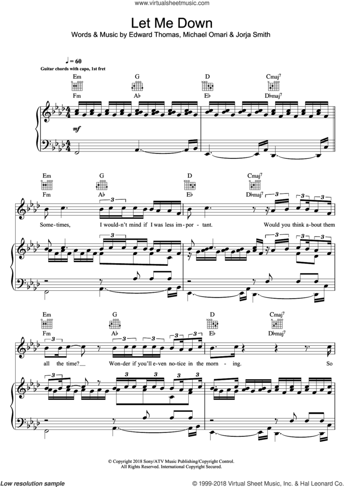 Let Me Down (featuring Stormzy) sheet music for voice, piano or guitar by Jorja Smith, Stormzy, Edward Thomas and Michael Omari, intermediate skill level