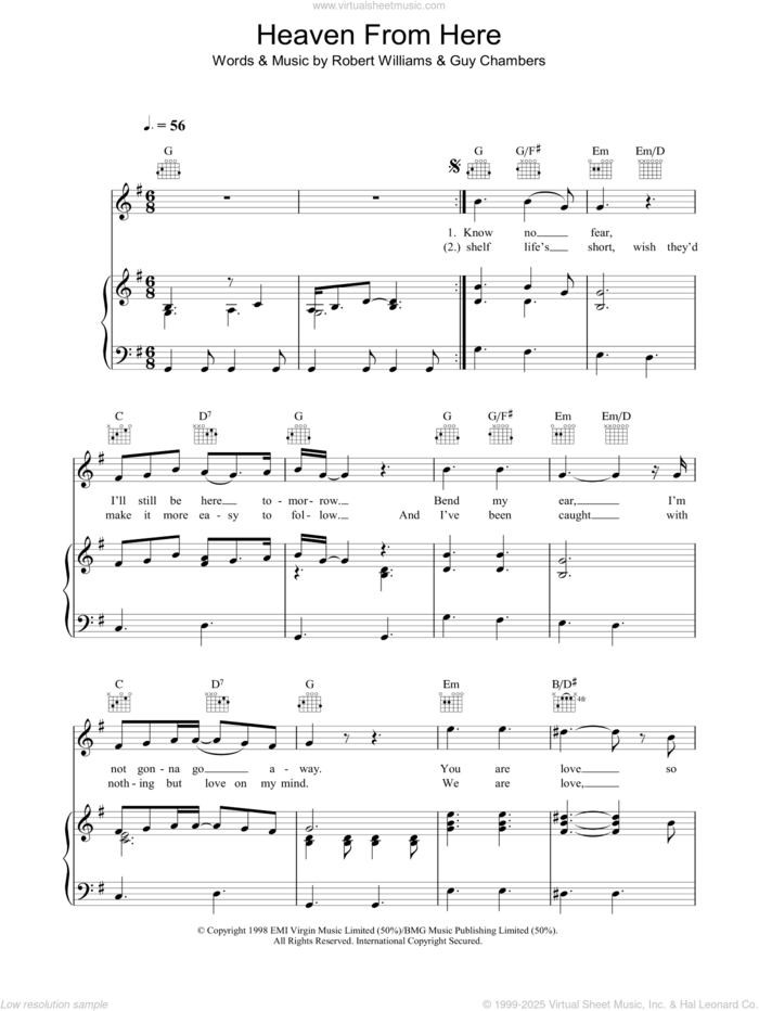 Heaven From Here sheet music for voice, piano or guitar by Robbie Williams, Guy Chambers and Robert Williams, intermediate skill level