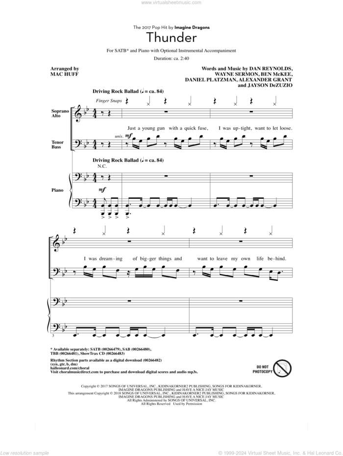 Thunder (arr. Mac Huff) sheet music for choir (SATB: soprano, alto, tenor, bass) by Mac Huff, Imagine Dragons, Alexander Grant, Ben McKee, Dan Reynolds, Daniel Platzman, Jayson Dezuzio and Wayne Sermon, intermediate skill level