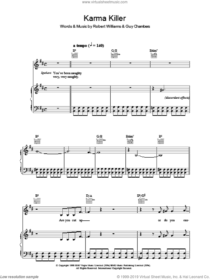 Karma Killer sheet music for voice, piano or guitar by Robbie Williams, Guy Chambers and Robert Williams, intermediate skill level
