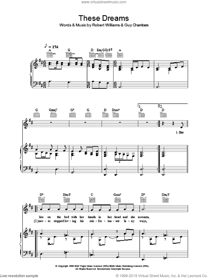 These Dreams sheet music for voice, piano or guitar by Robbie Williams, Guy Chambers and Robert Williams, intermediate skill level