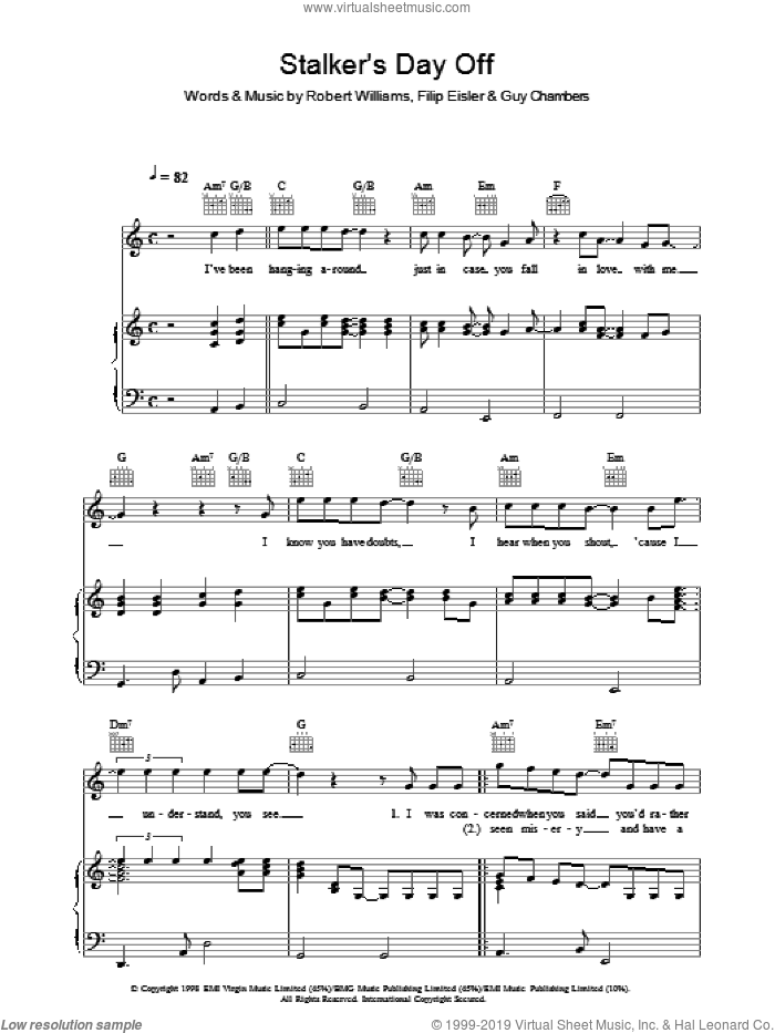 Stalker's Day Off sheet music for voice, piano or guitar by Robbie Williams, Filip Eisler, Guy Chambers and Robert Williams, intermediate skill level