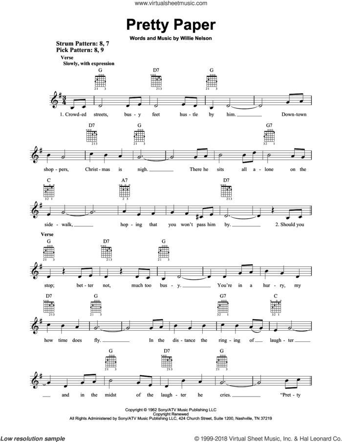 Pretty Paper sheet music for guitar solo (chords) by Willie Nelson and Roy Orbison, easy guitar (chords)