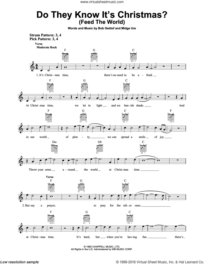Do They Know It's Christmas? (Feed The World) sheet music for guitar solo (chords) by Midge Ure, Band Aid and Bob Geldof, easy guitar (chords)