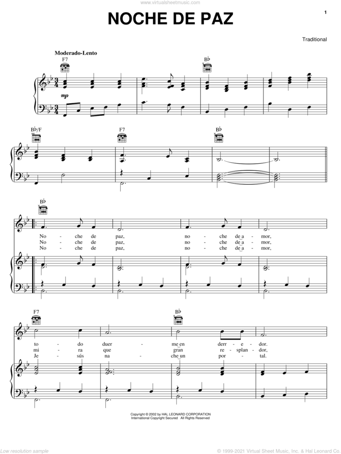 Noche De Paz sheet music for voice, piano or guitar by Joseph Mohr and Franz Gruber, intermediate skill level
