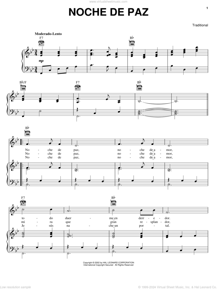 Noche De Paz sheet music for voice, piano or guitar by Joseph Mohr and Franz Gruber, intermediate skill level