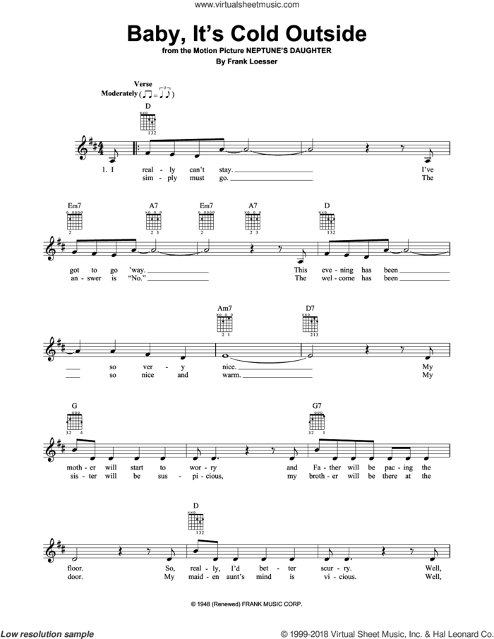 Baby, It's Cold Outside sheet music for guitar solo (chords) by Frank Loesser, easy guitar (chords)