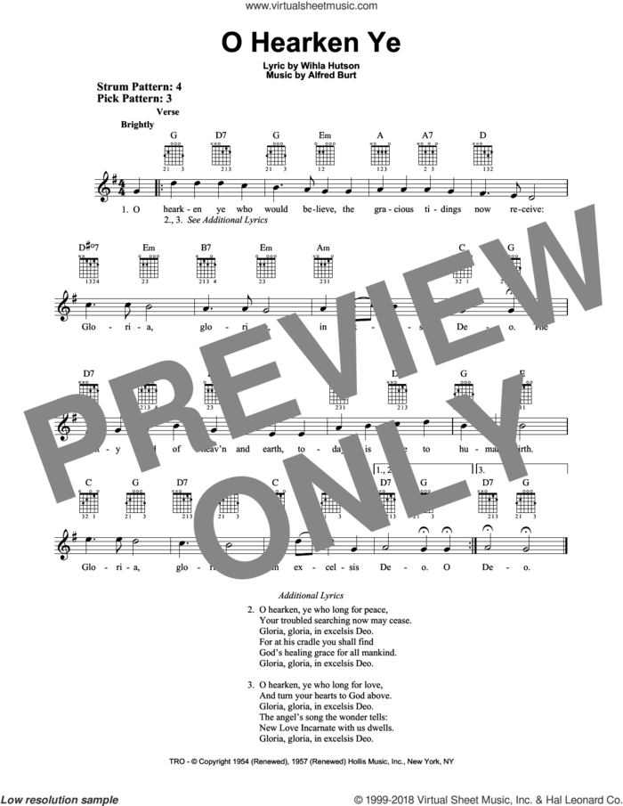 O Hearken Ye sheet music for guitar solo (chords) by Alfred Burt and Wihla Hutson, easy guitar (chords)