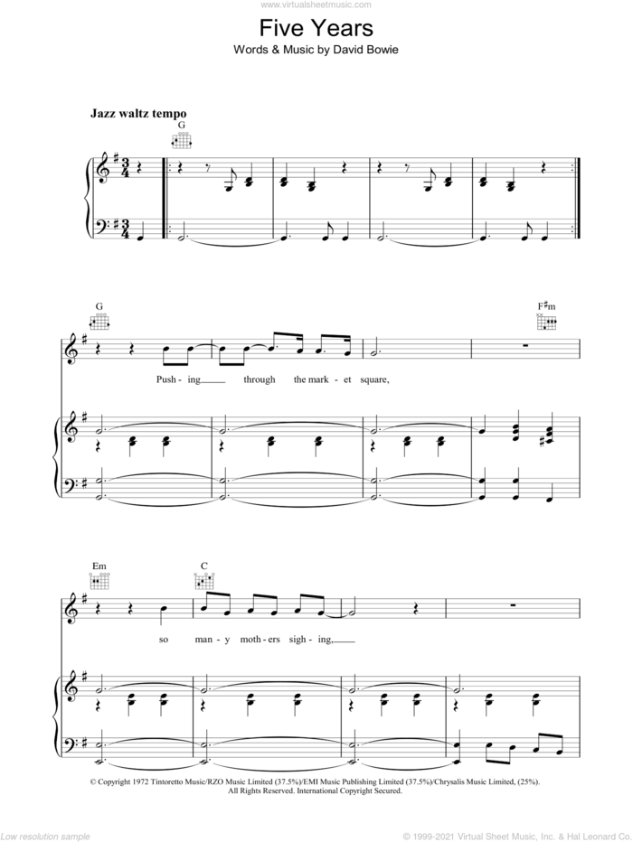 Five Years sheet music for voice, piano or guitar by David Bowie, intermediate skill level