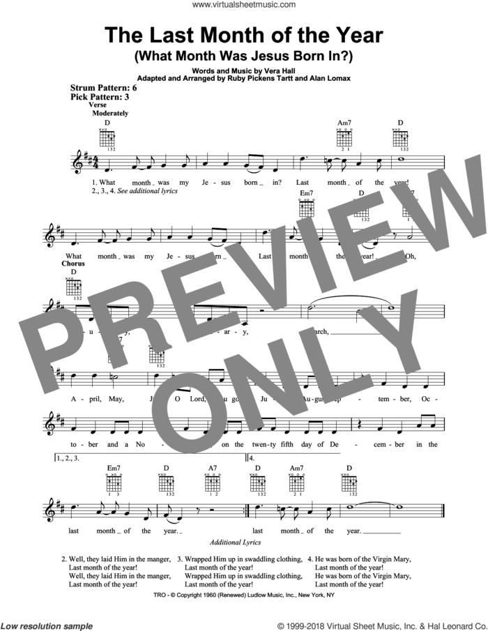 The Last Month Of The Year (What Month Was Jesus Born In?) sheet music for guitar solo (chords) by John A. Lomax, Ruby Pickens Tartt and Vera Hall, easy guitar (chords)