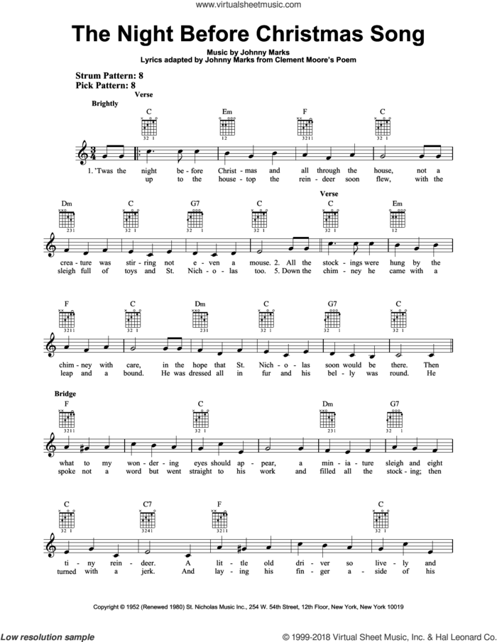 The Night Before Christmas Song sheet music for guitar solo (chords) by Johnny Marks, easy guitar (chords)