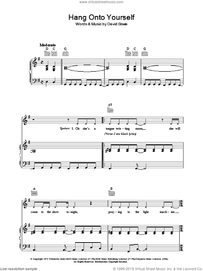 Hang Onto Yourself sheet music for voice, piano or guitar by David Bowie, intermediate skill level