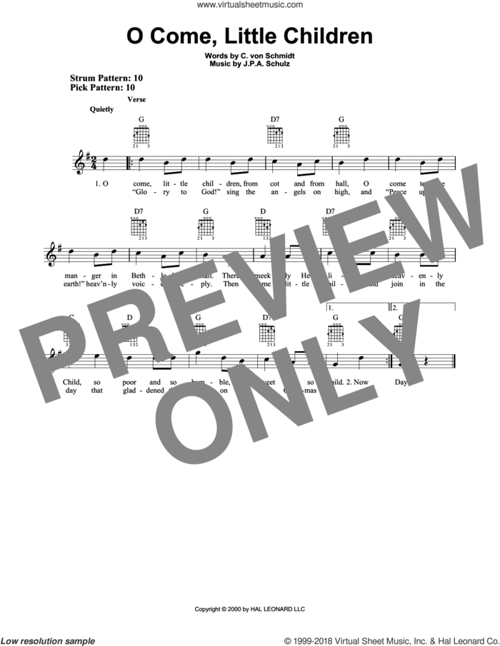 O Come, Little Children sheet music for guitar solo (chords) by J.A.P. Schulz and Cristoph Von Schmid, easy guitar (chords)