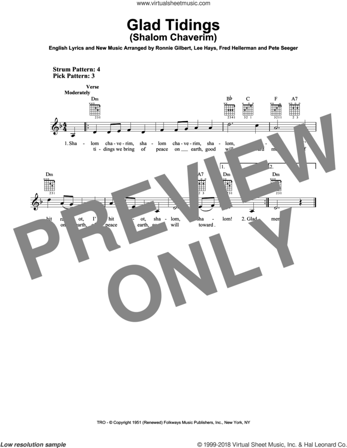 Glad Tidings (Shalom Chaverim) sheet music for guitar solo (chords) by Fred Hellerman, Lee Hays, Pete Seeger and Ronnie Gilbert, easy guitar (chords)