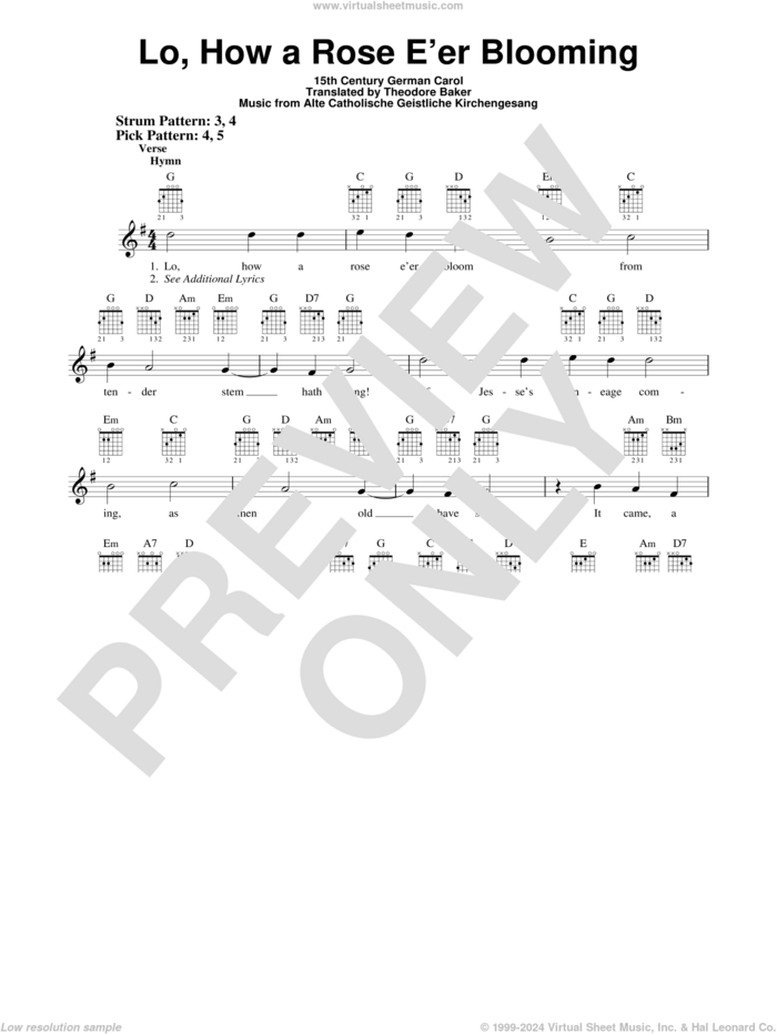 Lo, How A Rose E'er Blooming sheet music for guitar solo (chords) by Theodore Baker and 15th Century German Carol, classical score, easy guitar (chords)