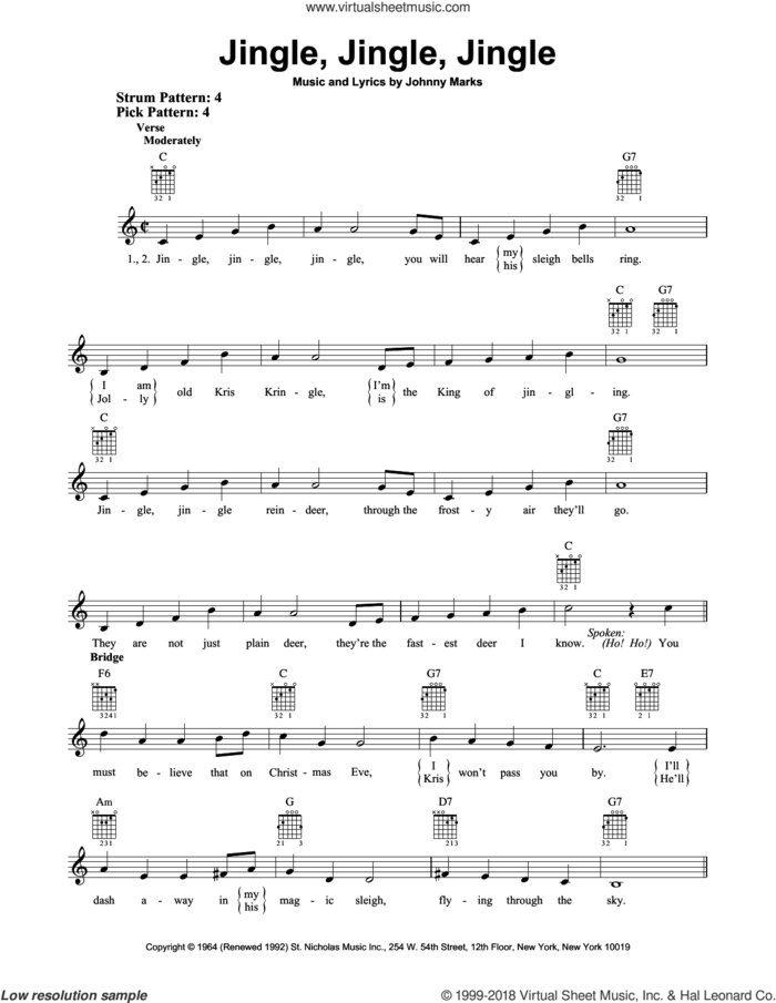 Jingle, Jingle, Jingle sheet music for guitar solo (chords) by Johnny Marks, easy guitar (chords)