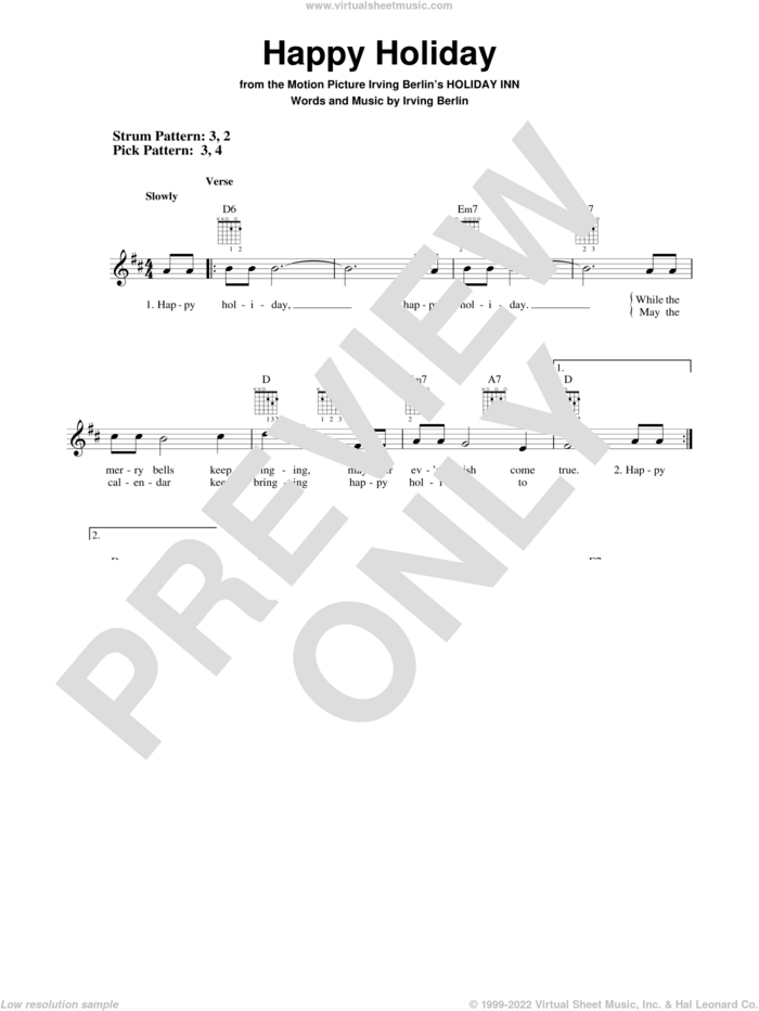 Happy Holiday sheet music for guitar solo (chords) by Irving Berlin, easy guitar (chords)