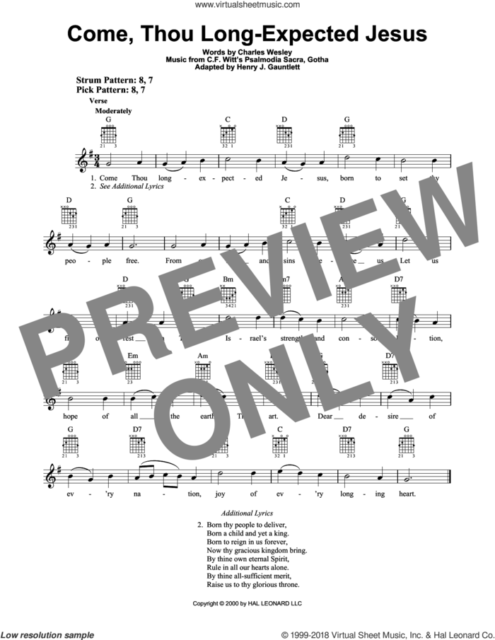 Come, Thou Long-Expected Jesus sheet music for guitar solo (chords) by C.F. Witt, Charles Wesley and Henry Gauntlett, easy guitar (chords)