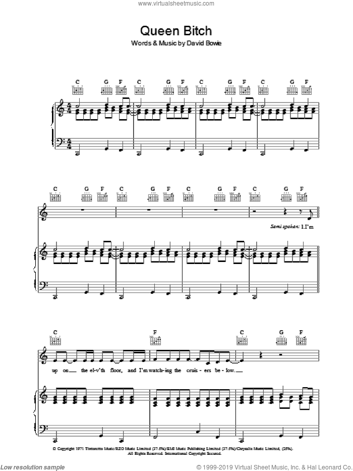 Queen Bitch sheet music for voice, piano or guitar by David Bowie, intermediate skill level