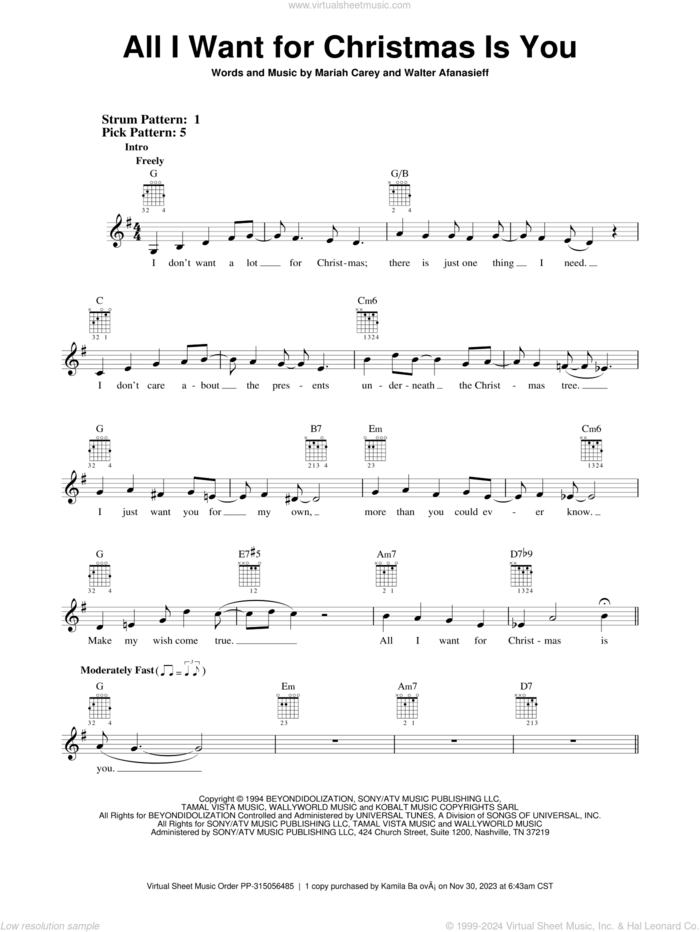 All I Want For Christmas Is You sheet music for guitar solo (chords) by Mariah Carey and Walter Afanasieff, easy guitar (chords)