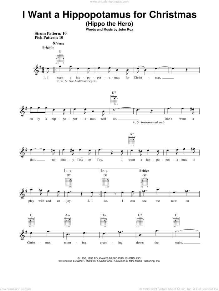 I Want A Hippopotamus For Christmas (Hippo The Hero) sheet music for guitar solo (chords) by John Rox, easy guitar (chords)