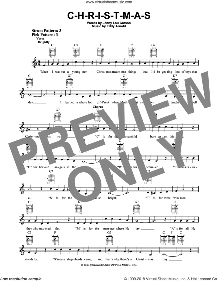 C-H-R-I-S-T-M-A-S sheet music for guitar solo (chords) by Eddy Arnold and Jenny Lou Carson, easy guitar (chords)