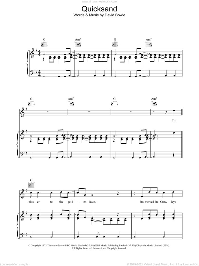 Quicksand sheet music for voice, piano or guitar by David Bowie, intermediate skill level