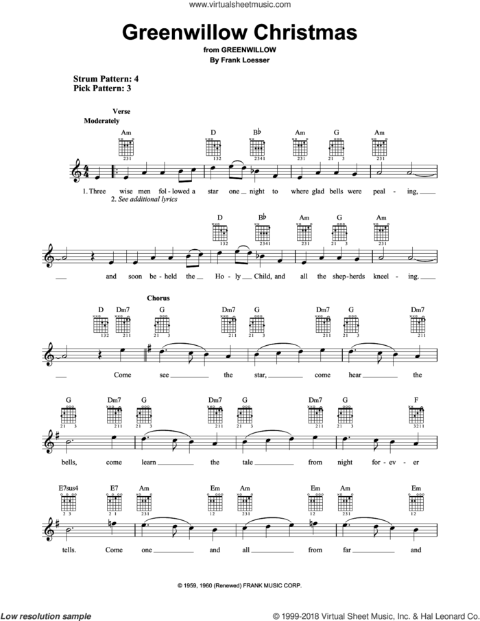 Greenwillow Christmas sheet music for guitar solo (chords) by Frank Loesser, easy guitar (chords)