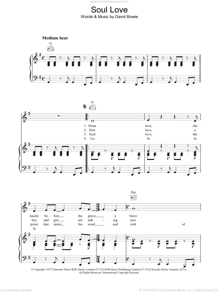 Soul Love sheet music for voice, piano or guitar by David Bowie, intermediate skill level