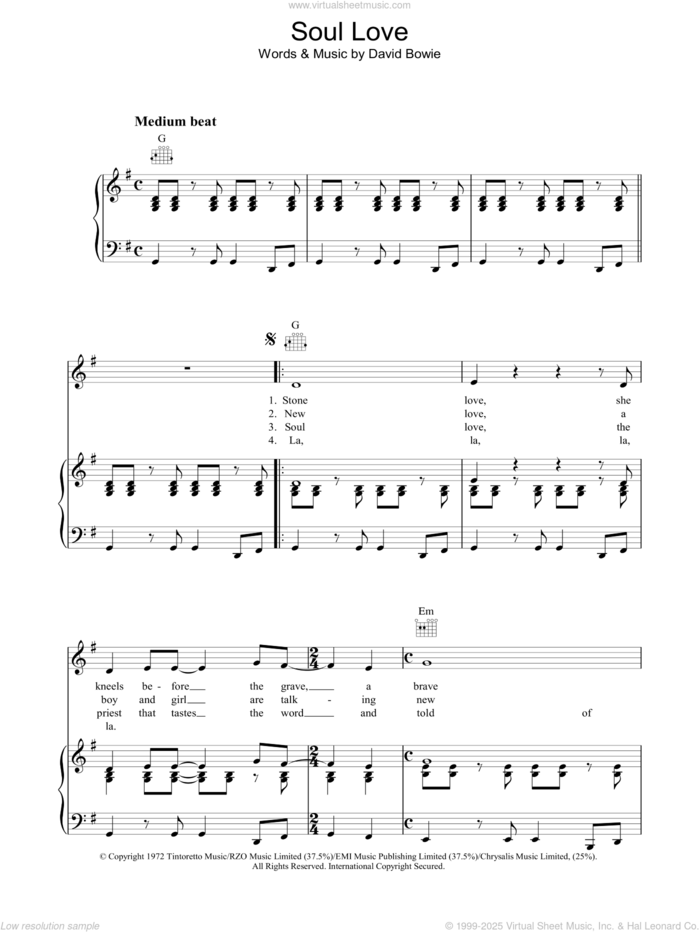 Soul Love sheet music for voice, piano or guitar by David Bowie, intermediate skill level