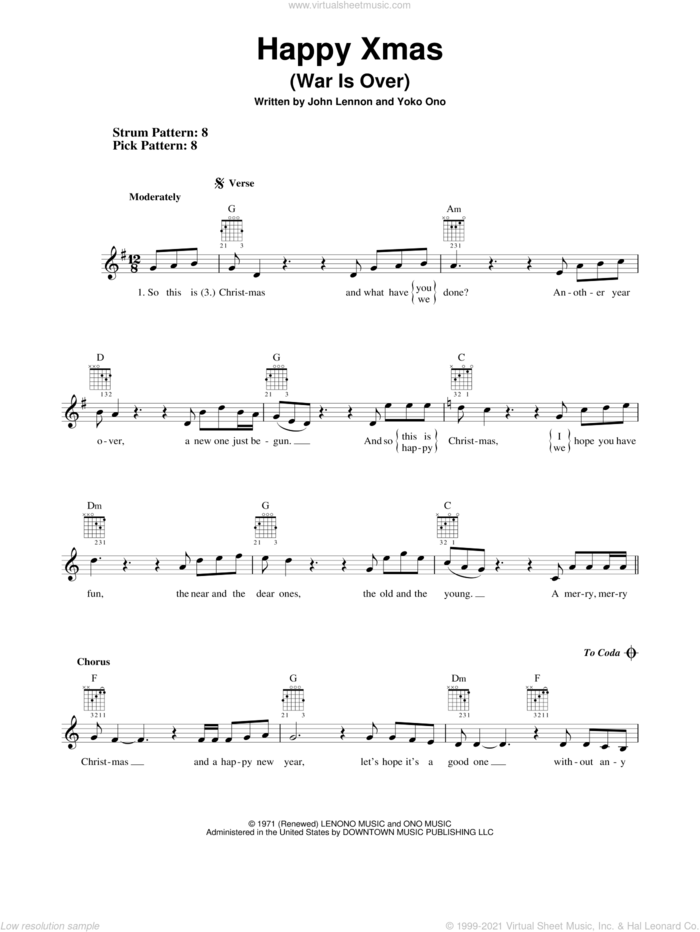 Happy Xmas (War Is Over) sheet music for guitar solo (chords) by John Lennon, easy guitar (chords)