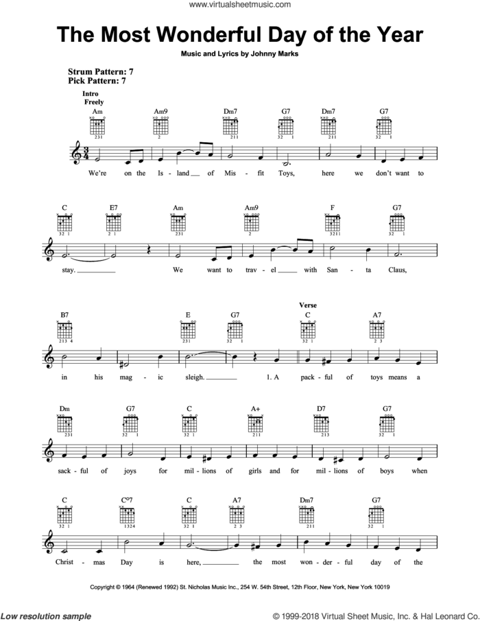 The Most Wonderful Day Of The Year sheet music for guitar solo (chords) by Johnny Marks, easy guitar (chords)