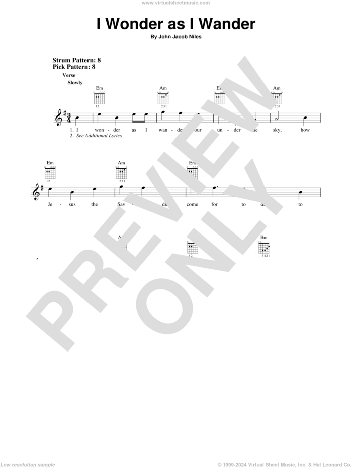 I Wonder As I Wander sheet music for guitar solo (chords) by John Jacob Niles, easy guitar (chords)