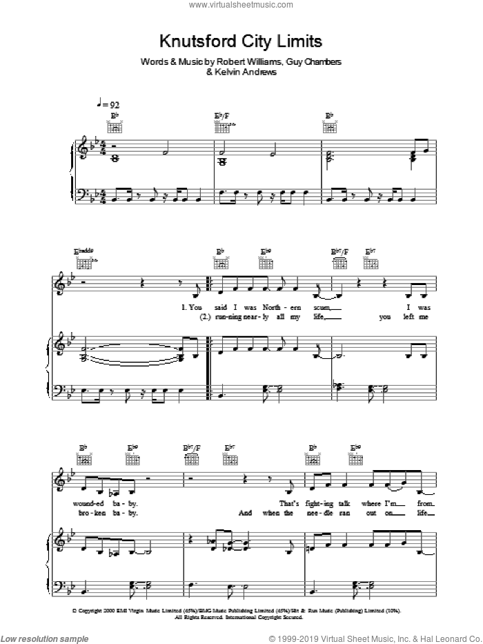 Knutsford City Limits sheet music for voice, piano or guitar by Robbie Williams, Guy Chambers, Kevin Mould and Robert Williams, intermediate skill level