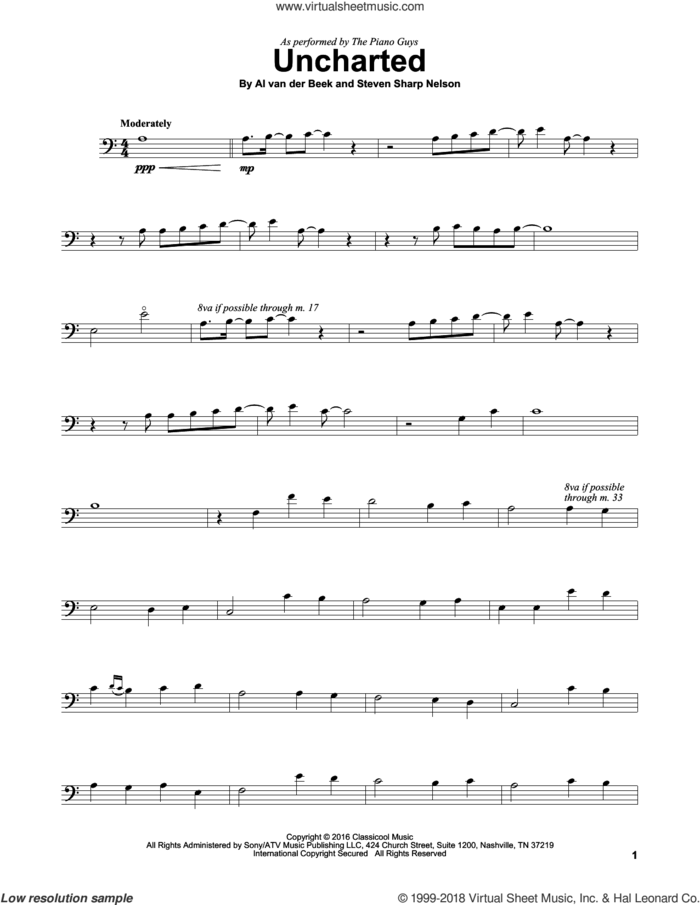 Uncharted sheet music for cello solo by The Piano Guys, Al van der Beek and Steven Sharp Nelson, intermediate skill level