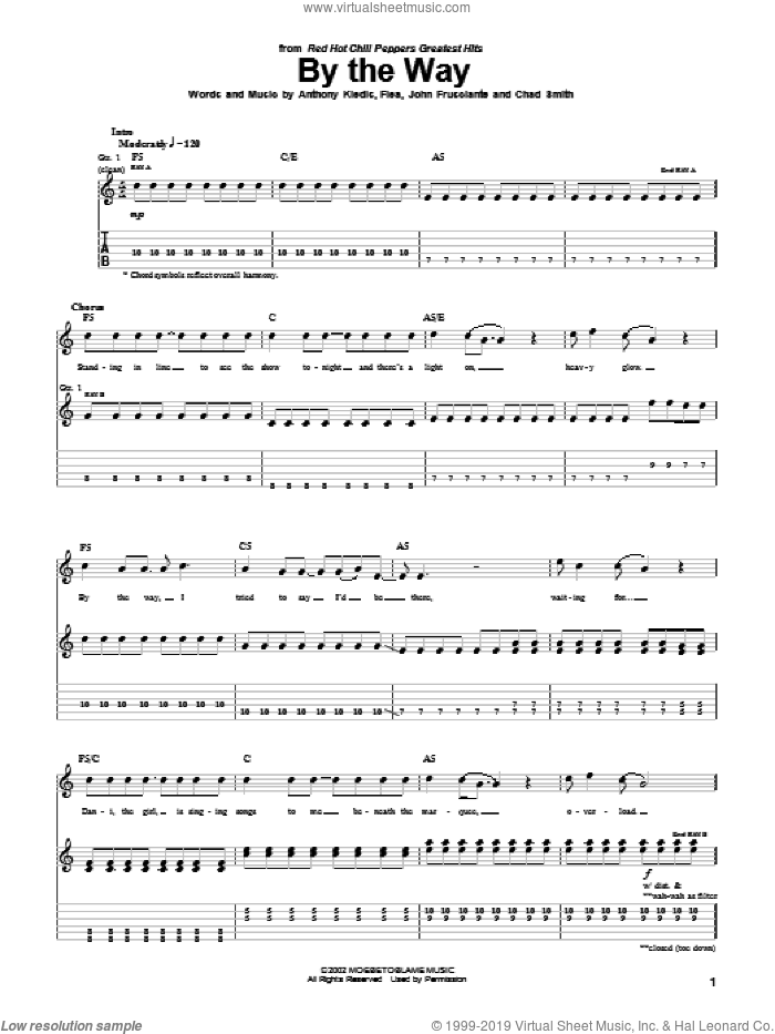 By The Way sheet music for guitar (tablature) by Red Hot Chili Peppers, Anthony Kiedis, Flea and John Frusciante, intermediate skill level