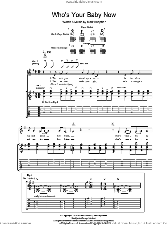 Who's Your Baby Now sheet music for guitar (tablature) by Mark Knopfler, intermediate skill level