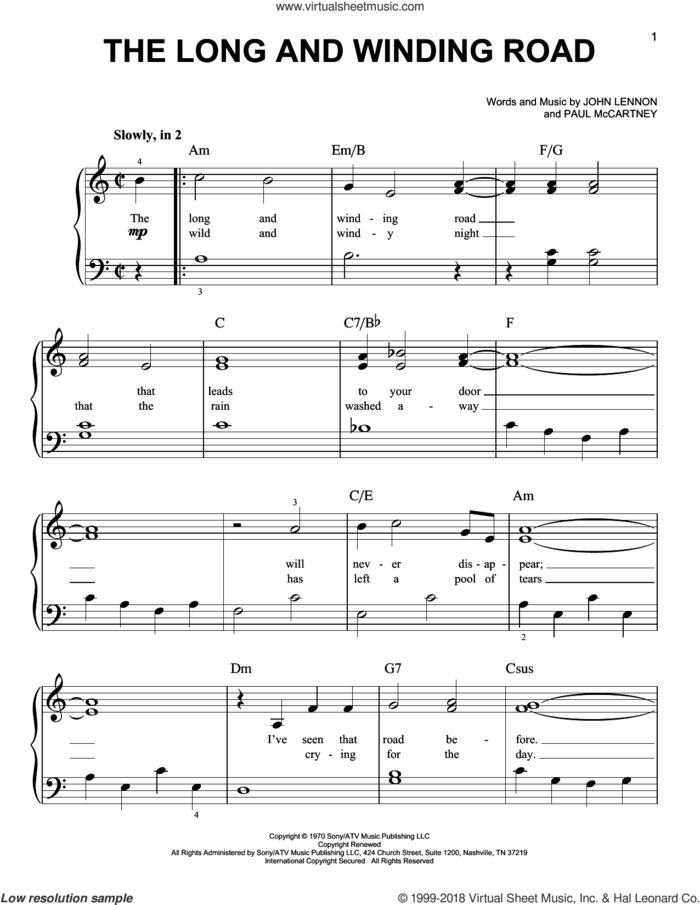 The Long And Winding Road, (beginner) sheet music for piano solo by The Beatles, John Lennon and Paul McCartney, beginner skill level