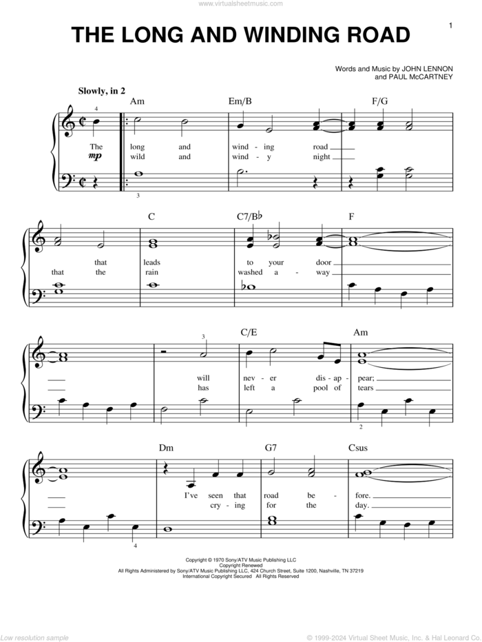 The Long And Winding Road, (beginner) sheet music for piano solo by The Beatles, John Lennon and Paul McCartney, beginner skill level