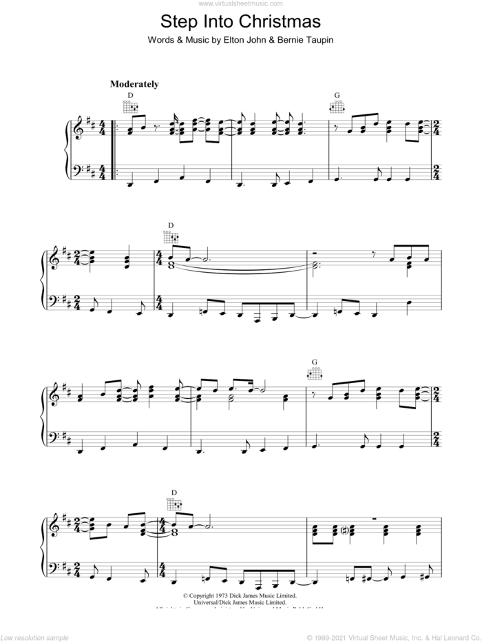 Step Into Christmas, (intermediate) sheet music for piano solo by Elton John and Bernie Taupin, intermediate skill level