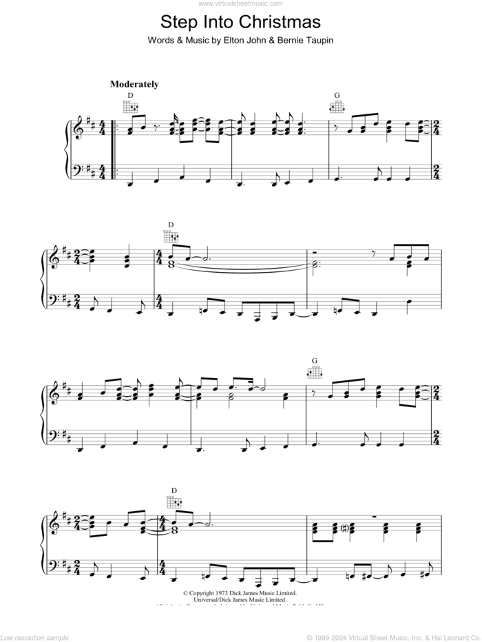 Step Into Christmas, (intermediate) sheet music for piano solo by Elton John and Bernie Taupin, intermediate skill level