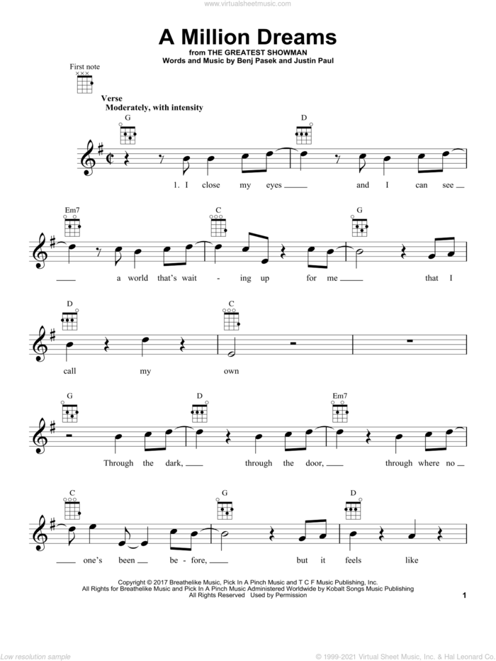 A Million Dreams (from The Greatest Showman) sheet music for ukulele by Pasek & Paul, Benj Pasek and Justin Paul, intermediate skill level