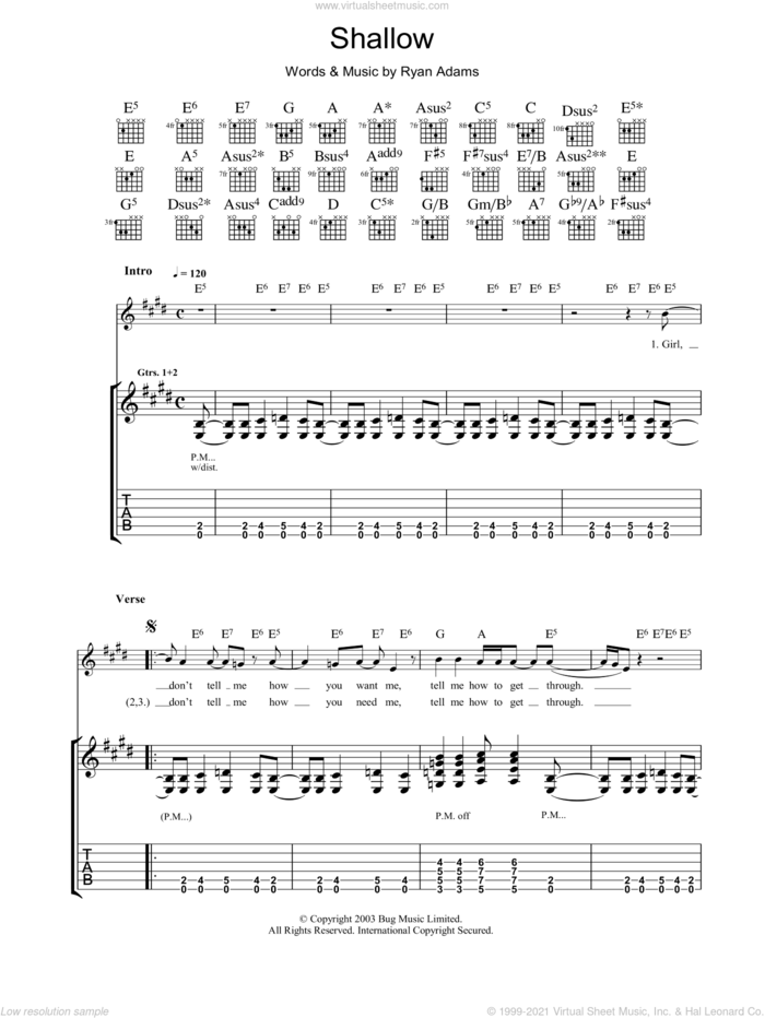 Shallow sheet music for guitar (tablature) by Ryan Adams, intermediate skill level